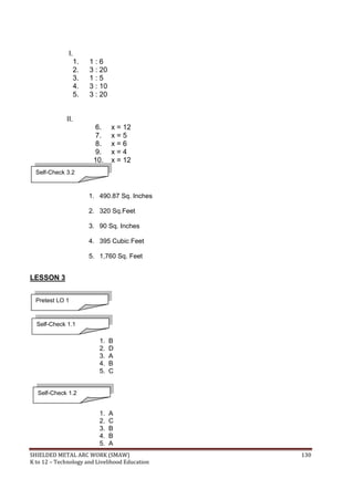 SHIELDED METAL ARC WORK (SMAW) 130
K to 12 – Technology and Livelihood Education
I.
1. 1 : 6
2. 3 : 20
3. 1 : 5
4. 3 : 10
5. 3 : 20
II.
6. x = 12
7. x = 5
8. x = 6
9. x = 4
10. x = 12
1. 490.87 Sq. Inches
2. 320 Sq.Feet
3. 90 Sq. Inches
4. 395 Cubic Feet
5. 1,760 Sq. Feet
LESSON 3
1. B
2. D
3. A
4. B
5. C
1. A
2. C
3. B
4. B
5. A
Pretest LO 1
Self-Check 1.1
Self-Check 1.2
Self-Check 3.2
 