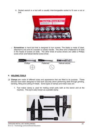 SHIELDED METAL ARC WORK (SMAW) 20
K to 12 – Technology and Livelihood Education
4. Socket wrench is a tool with a usually interchangeable socket to fit over a nut or
bolt.
o Screwdriver is hand tool that is designed to turn screws. The blade is made of steel,
attached to one end of a wooden or plastic handle. The other end is flattened to fit slots
in the heads of screws on bolts. The other kinds of screw drivers are called a Phillips
screw driver and helical-ratchet screw driver.
Phillips Flattened Helical-ratchet
4. HOLDING TOOLS
 Clamps are made of different sizes and appearance that are fitted to its purpose. These
devices have been designed to hold work securely which performing skills through grinding,
bending, fitting and cutting of metals. Some types of clamps and metal vises are:
1. Tool maker clamp is used for holding small parts both at the bench and at the
machine. This tool is also known as a parallel clamp.
 