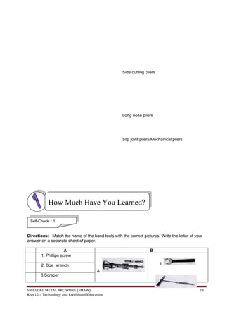 SHIELDED METAL ARC WORK (SMAW) 23
K to 12 – Technology and Livelihood Education
Side cutting pliers
Long nose pliers
Slip joint pliers/Mechanical pliers
Directions: Match the name of the hand tools with the correct pictures. Write the letter of your
answer on a separate sheet of paper.
A B
1. Phillips screw
A.
I.
J.
2. Box wrench
3.Scraper
How Much Have You Learned?
Self-Check 1.1
 