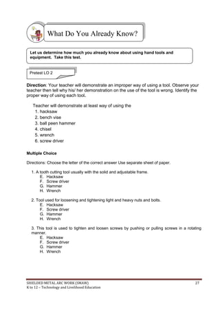 SHIELDED METAL ARC WORK (SMAW) 27
K to 12 – Technology and Livelihood Education
Direction: Your teacher will demonstrate an improper way of using a tool. Observe your
teacher then tell why his/ her demonstration on the use of the tool is wrong. Identify the
proper way of using each tool.
Teacher will demonstrate at least way of using the
1. hacksaw
2. bench vise
3. ball peen hammer
4. chisel
5. wrench
6. screw driver
Multiple Choice
Directions: Choose the letter of the correct answer Use separate sheet of paper.
1. A tooth cutting tool usually with the solid and adjustable frame.
E. Hacksaw
F. Screw driver
G. Hammer
H. Wrench
2. Tool used for loosening and tightening light and heavy nuts and bolts.
E. Hacksaw
F. Screw driver
G. Hammer
H. Wrench
3. This tool is used to tighten and loosen screws by pushing or pulling screws in a rotating
manner.
E. Hacksaw
F. Screw driver
G. Hammer
H. Wrench
What Do You Already Know?
Let us determine how much you already know about using hand tools and
equipment. Take this test.
Pretest LO 2
 