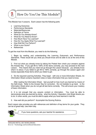 SHIELDED METAL ARC WORK (SMAW) 4
K to 12 – Technology and Livelihood Education
This Module has 4 Lessons. Each Lesson has the following parts:
 Learning Outcomes
 Performance Standards
 Materials/Resources
 Definition of Terms
 What Do You Already Know?
 What Do You Need to Know?
 How Much Have You Learned?
 How Do You Apply What You Learned?
 How Well Did You Perform?
 What is your Score?
 References
To get the most from this Module, you need to do the following:
1. Begin by reading and understanding the Learning Outcome/s and Performance
Standards. These would tell you what you should know and be able to do at the end of this
Module.
2. Find out what you already know by taking the Pretest then check your answers against
the Answer Key. If you get 99 to 100% of the items correctly, you may proceed to the next
Lesson. This means that you need not go through the Lesson because you already know
what it is about. If you failed to get 99 to 100% correctly, go through the Lesson again and
review especially those items which you failed to get.
3. Do the required Learning Activities. They begin with one or more Information Sheets. An
Information Sheet contains important notes or basic information that you need to know.
After reading the Information Sheet, test yourself on how much you learned by means of
the Self-check. Refer to the Answer Key for correction. Do not hesitate to go back to the
Information Sheet when you do not get all test items correctly. This will ensure your mastery
of basic information.
4. It is not enough that you acquire content or information. You must be able to
demonstrate what you learned by doing what the Activity / Operation /Job Sheet directs you
to do. In other words, you must be able to apply what you have learned in real life.
5. How well did you perform? Accomplish the Scoring Rubrics.
Each Lesson also provides you with references and definition of key terms for your guide. They
can be of great help. Use them fully.
If you have questions, ask your teacher for assistance.
 