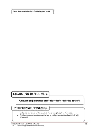 SHIELDED METAL ARC WORK (SMAW) 51
K to 12 – Technology and Livelihood Education
Refer to the Answer Key. What is your score?
 Units are converted to the required figure using the given formulae.
 English measurements are converted to metric measurements according to
procedure.
PERFORMANCE STANDARDS
Convert English Units of measurement to Metric System
LEARNING OUTCOME 2
 