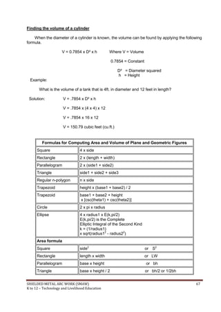 SHIELDED METAL ARC WORK (SMAW) 67
K to 12 – Technology and Livelihood Education
Finding the volume of a cylinder
When the diameter of a cylinder is known, the volume can be found by applying the following
formula.
V = 0.7854 x D² x h Where V = Volume
0.7854 = Constant
D² = Diameter squared
h = Height
Example:
What is the volume of a tank that is 4ft. in diameter and 12 feet in length?
Solution: V = .7854 x D² x h
V = .7854 x (4 x 4) x 12
V = .7854 x 16 x 12
V = 150.79 cubic feet (cu.ft.)
Formulas for Computing Area and Volume of Plane and Geometric Figures
Square 4 x side
Rectangle 2 x (length + width)
Parallelogram 2 x (side1 + side2)
Triangle side1 + side2 + side3
Regular n-polygon n x side
Trapezoid height x (base1 + base2) / 2
Trapezoid base1 + base2 + height
x [csc(theta1) + csc(theta2)]
Circle 2 x pi x radius
Ellipse 4 x radius1 x E(k,pi/2)
E(k,pi/2) is the Complete
Elliptic Integral of the Second Kind
k = (1/radius1)
x sqrt(radius12
- radius22
)
Area formula
Square side2
or S2
Rectangle length x width or LW
Parallelogram base x height or bh
Triangle base x height / 2 or bh/2 or 1/2bh
 
