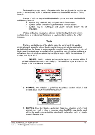SHIELDED METAL ARC WORK (SMAW) 79
K to 12 – Technology and Livelihood Education
Because pictures may convey information better than words, graphic symbols are
added to precautionary labels to show major workplace dangers like welding or cutting
hazards.
The use of symbols on precautionary labels is optional, and is recommended for
the following reasons:
 Symbols may show and help to explain the hazards quickly.
 Symbols can be understood by both readers and non-readers.
 Symbols may be multilingual and usually translate directly into all
languages.
Welding and cutting industry has adopted standardized symbols and uniform
methods of use to avoid user confusion and to supplement and reinforce the written
message.
Words
The large word at the top of the label is called the signal word. It is used in
combination with a specific colored background and combined with the safety alert
symbol to indicate the degree of seriousness of a potential hazard. Because of its colored
background, the signal word is usually the first element that you notice when looking at a
safety label. According to International Standard Organization (ISO), there are three (3)
choices for a signal word:
1. DANGER. Used to indicate an imminently hazardous situation which, if
avoided, will result in death or serious injury. The use of this signal word should be
limited to the most extreme situations.
2.
3. WARNING. This indicates a potentially hazardous situation which, if not
avoided, could result in death or serious injury.
4. CAUTION. Used to indicate a potentially hazardous situation which, if not
avoided, may result in minor or moderate injury. CAUTION may also be used
without the safety color symbol (the triangle with exclamation mark) to indicate
property-damage-only.
 