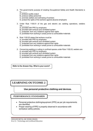SHIELDED METAL ARC WORK (SMAW) 87
K to 12 – Technology and Livelihood Education
2. The governments purpose of creating Occupational Safety and Health Standards is
to______.
A. produce quality output
B. produce safety personnel
C. promote welfare and well-being of workers
D. protect the rights of the workers against abusive employers
3. Under Rule 1100.01 of the gas and electric arc welding operations, welders
are_______.
A. provided with PPE by employers
B. provided with exhaust and ventilated system
C. protected from any violations against their rights
D. prohibited from working in areas prone to combustible materials
4. Rule 1100.02 states that workers must be
A. provided with PPE by employers
B. provided with exhaust and ventilated system
C. protected from any violations against their rights
D. prohibited from working in areas prone to combustible materials
5. Concerning welding or cutting in confined spaces under Rule 1100.03, welders are
A. provided with PPE by employers
B. provided with exhaust and ventilated system
C. protected from any violations against their rights
D. prohibited from working in areas prone to combustible materials
Refer to the Answer Key. What is your score?
 Personal protective clothing/equipment (PPE) as per job requirements
are identified.
 Proper wearing of PPE is properly observed in accordance with
workplace safety policies.
PERFORMANCE STANDARDS
Use personal protective clothing and devices.
LEARNING OUTCOME 2
 