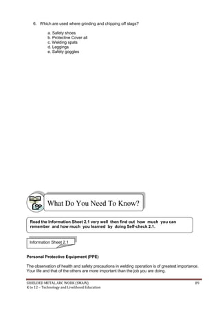 SHIELDED METAL ARC WORK (SMAW) 89
K to 12 – Technology and Livelihood Education
6. Which are used where grinding and chipping off slags?
a. Safety shoes
b. Protective Cover all
c. Welding spats
d. Leggings
e. Safety goggles
Personal Protective Equipment (PPE)
The observation of health and safety precautions in welding operation is of greatest importance.
Your life and that of the others are more important than the job you are doing.
What Do You Need To Know?
Information Sheet 2.1
Read the Information Sheet 2.1 very well then find out how much you can
remember and how much you learned by doing Self-check 2.1.
 