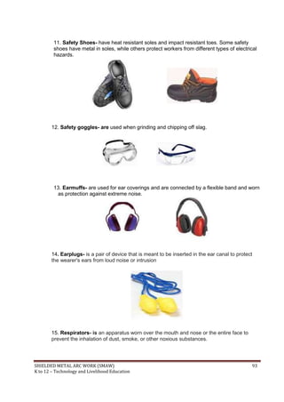 SHIELDED METAL ARC WORK (SMAW) 93
K to 12 – Technology and Livelihood Education
11. Safety Shoes- have heat resistant soles and impact resistant toes. Some safety
shoes have metal in soles, while others protect workers from different types of electrical
hazards.
12. Safety goggles- are used when grinding and chipping off slag.
13. Earmuffs- are used for ear coverings and are connected by a flexible band and worn
as protection against extreme noise.
14. Earplugs- is a pair of device that is meant to be inserted in the ear canal to protect
the wearer's ears from loud noise or intrusion
15. Respirators- is an apparatus worn over the mouth and nose or the entire face to
prevent the inhalation of dust, smoke, or other noxious substances.
 