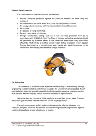 SHIELDED METAL ARC WORK (SMAW) 97
K to 12 – Technology and Livelihood Education
Eye and Face Protection
Eye protectors must meet the minimum requirements:
 Provide adequate protection against the particular hazards for which they are
designed
 Be reasonably comfortable when worn under the designated conditions
 Fit snugly without interfering with the movements or vision of the wearer
 Be durable.
 Be capable of being disinfected.
 Be kept clean and in good repair
 Design, construction, testing, and use of eye and face protection must be in
accordance with ANZI Z8.1-1989. The fitting of goggles and safety spectacles should
be performed by someone skilled in the procedure. Prescribed safety spectacles
should be fitted only by a qualified optical person. Safety spectacles require special
frames. Combinations of normal street wear frames with safety lenses are not in
compliance with the required standards for eye protectors.
Ear Protection
The prevention of excessive noise exposure is the only way to avoid hearing damage.
Engineering and administrative control must be used if the sound levels are exceeded. If such
controls fail to reduce the sound levels within the level specified, personal hearing protection
must be used. Molded earplugs should be individually fitted by a professional.
Some earplugs are disposable, to be used one time and then thrown away. The non-
disposable type should be cleaned after each use for proper protection.
Earmuffs must make a perfect seal around the ear to be effective. Glasses, long
sideburns, long hair and facial movements, such as chewing may reduce protection. Special
equipment is available for use with glasses or beards.
 