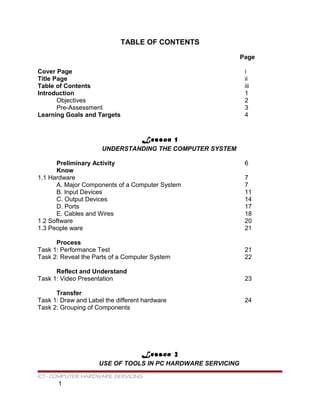 TABLE OF CONTENTS
Page
Cover Page i
Title Page ii
Table of Contents iii
Introduction 1
Objectives 2
Pre-Assessment 3
Learning Goals and Targets 4
Lesson 1
UNDERSTANDING THE COMPUTER SYSTEM
Preliminary Activity 6
Know
1.1 Hardware 7
A. Major Components of a Computer System 7
B. Input Devices 11
C. Output Devices 14
D. Ports 17
E. Cables and Wires 18
1.2 Software 20
1.3 People ware 21
Process
Task 1: Performance Test 21
Task 2: Reveal the Parts of a Computer System 22
Reflect and Understand
Task 1: Video Presentation 23
Transfer
Task 1: Draw and Label the different hardware 24
Task 2: Grouping of Components
Lesson 2
USE OF TOOLS IN PC HARDWARE SERVICING
ICT- COMPUTER HARDWARE SERVICING
1
 