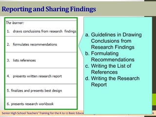 Reportingand Sharing Findings
Senior High School Teachers’ Training for the K to 12 Basic Education Program, DMMMSU-SLUC, May 28 to June 19, 2016
a. Guidelines in Drawing
Conclusions from
Research Findings
b. Formulating
Recommendations
c. Writing the List of
References
d. Writing the Research
Report
 