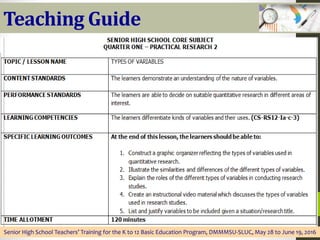 Teaching Guide
Senior High School Teachers’ Training for the K to 12 Basic Education Program, DMMMSU-SLUC, May 28 to June 19, 2016
 
