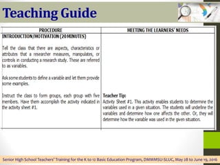 Teaching Guide
Senior High School Teachers’ Training for the K to 12 Basic Education Program, DMMMSU-SLUC, May 28 to June 19, 2016
 