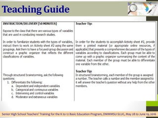 Teaching Guide
Senior High School Teachers’ Training for the K to 12 Basic Education Program, DMMMSU-SLUC, May 28 to June 19, 2016
 
