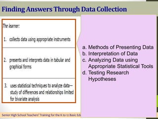 Finding AnswersThrough DataCollection
Senior High School Teachers’ Training for the K to 12 Basic Education Program, DMMMSU-SLUC, May 28 to June 19, 2016
a. Methods of Presenting Data
b. Interpretation of Data
c. Analyzing Data using
Appropriate Statistical Tools
d. Testing Research
Hypotheses
 