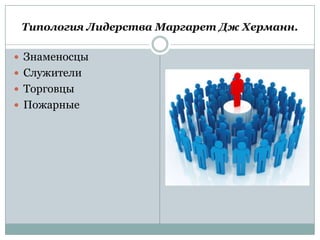 Типология Лидерства Маргарет Дж Херманн.

 Знаменосцы
 Служители
 Торговцы
 Пожарные
 