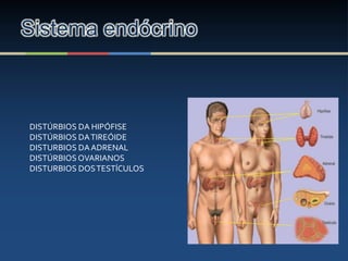 Sistema endócrino
DISTÚRBIOS DA HIPÓFISE
DISTÚRBIOS DATIREÓIDE
DISTURBIOS DAADRENAL
DISTÚRBIOS OVARIANOS
DISTURBIOS DOSTESTÍCULOS
 