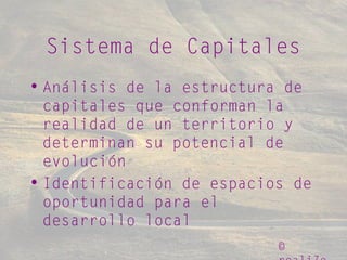 ©
Sistema de Capitales
• Análisis de la estructura de
capitales que conforman la
realidad de un territorio y
determinan su potencial de
evolución
• Identificación de espacios de
oportunidad para el
desarrollo local
 