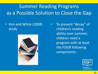 Summer Reading Programs
as a Possible Solution to Close the Gap
• Kim and White (2008)
study
• To prevent “decay” of
children’s reading
ability over summer,
children need a
program with at least
the FOUR following
components:
29
 