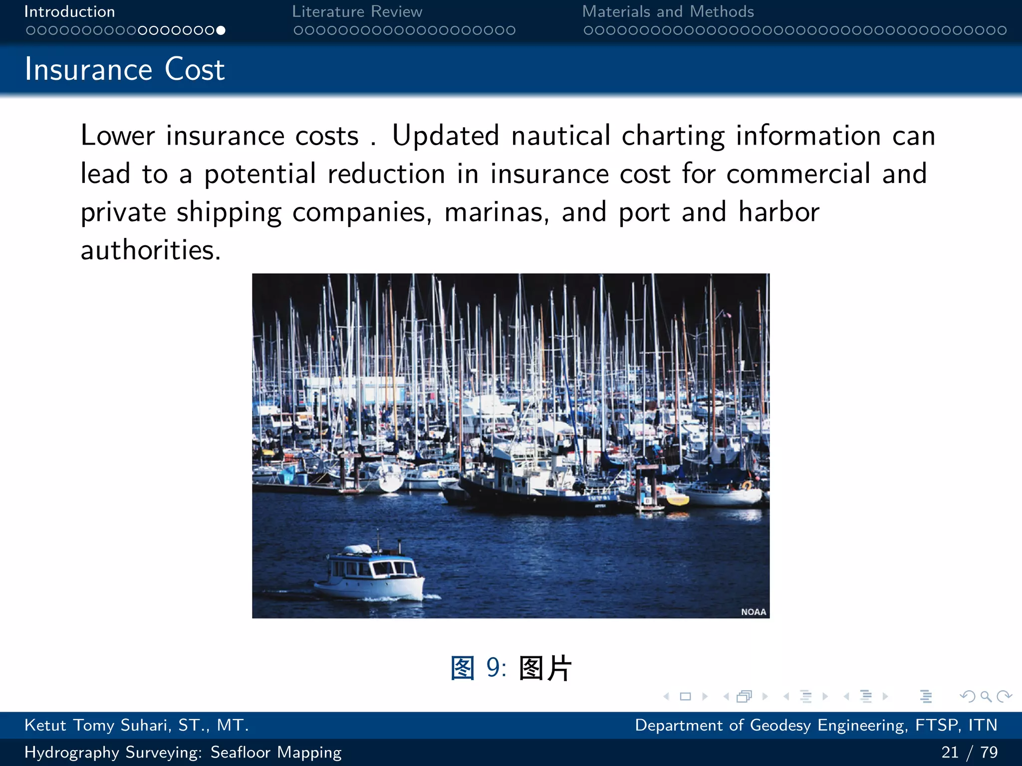 .
.
.
.
.
.
.
.
.
.
.
.
.
.
.
.
.
.
.
.
.
.
.
.
.
.
.
.
.
.
.
.
.
.
.
.
.
.
.
.
Introduction Literature Review Materials and Methods
Insurance Cost
Lower insurance costs . Updated nautical charting information can
lead to a potential reduction in insurance cost for commercial and
private shipping companies, marinas, and port and harbor
authorities.
图 9: 图片
Ketut Tomy Suhari, ST., MT. Department of Geodesy Engineering, FTSP, ITN
Hydrography Surveying: Seafloor Mapping 21 / 79
 