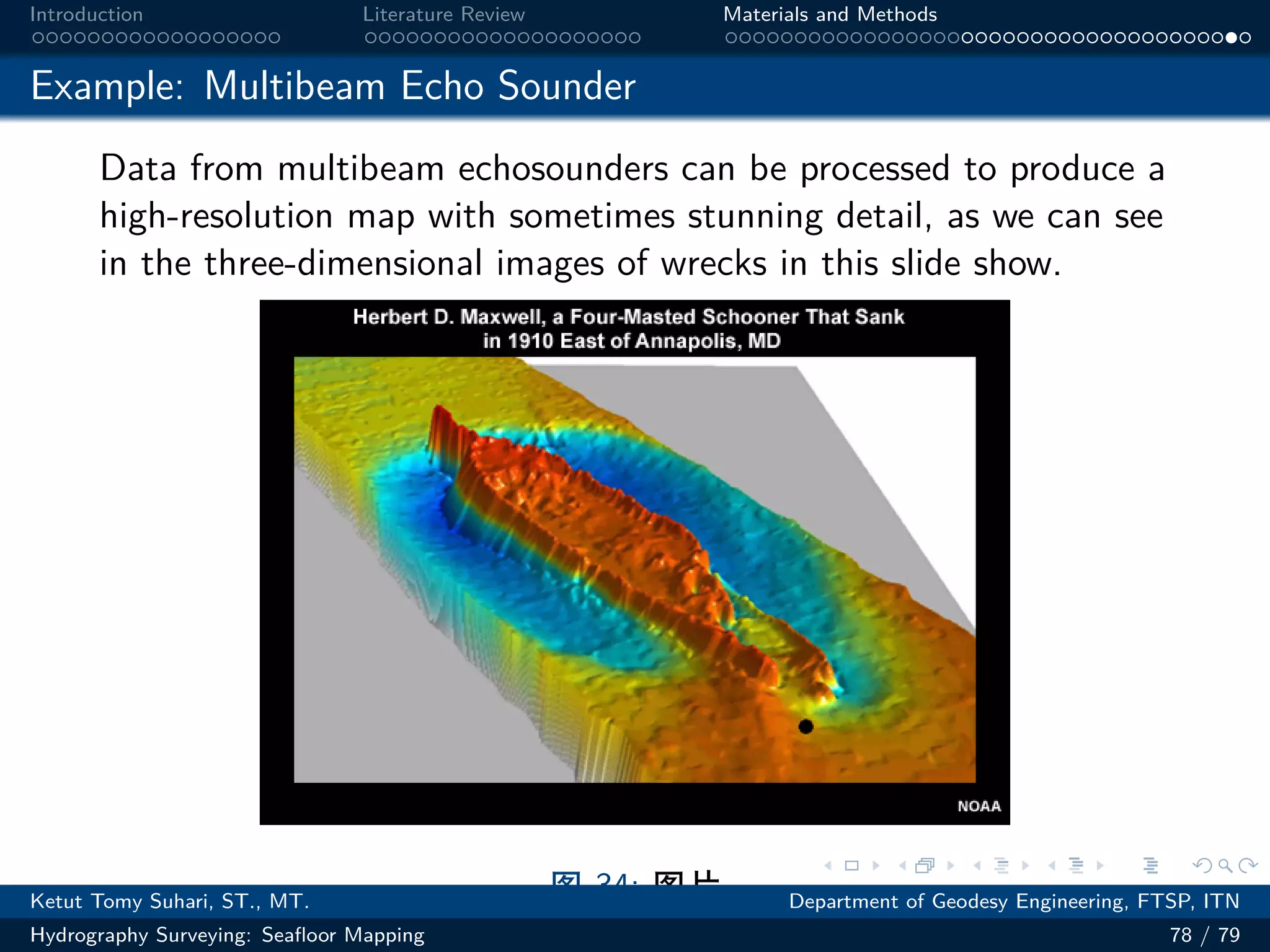 .
.
.
.
.
.
.
.
.
.
.
.
.
.
.
.
.
.
.
.
.
.
.
.
.
.
.
.
.
.
.
.
.
.
.
.
.
.
.
.
Introduction Literature Review Materials and Methods
Example: Multibeam Echo Sounder
Data from multibeam echosounders can be processed to produce a
high-resolution map with sometimes stunning detail, as we can see
in the three-dimensional images of wrecks in this slide show.
图 34: 图片
Ketut Tomy Suhari, ST., MT. Department of Geodesy Engineering, FTSP, ITN
Hydrography Surveying: Seafloor Mapping 78 / 79
 