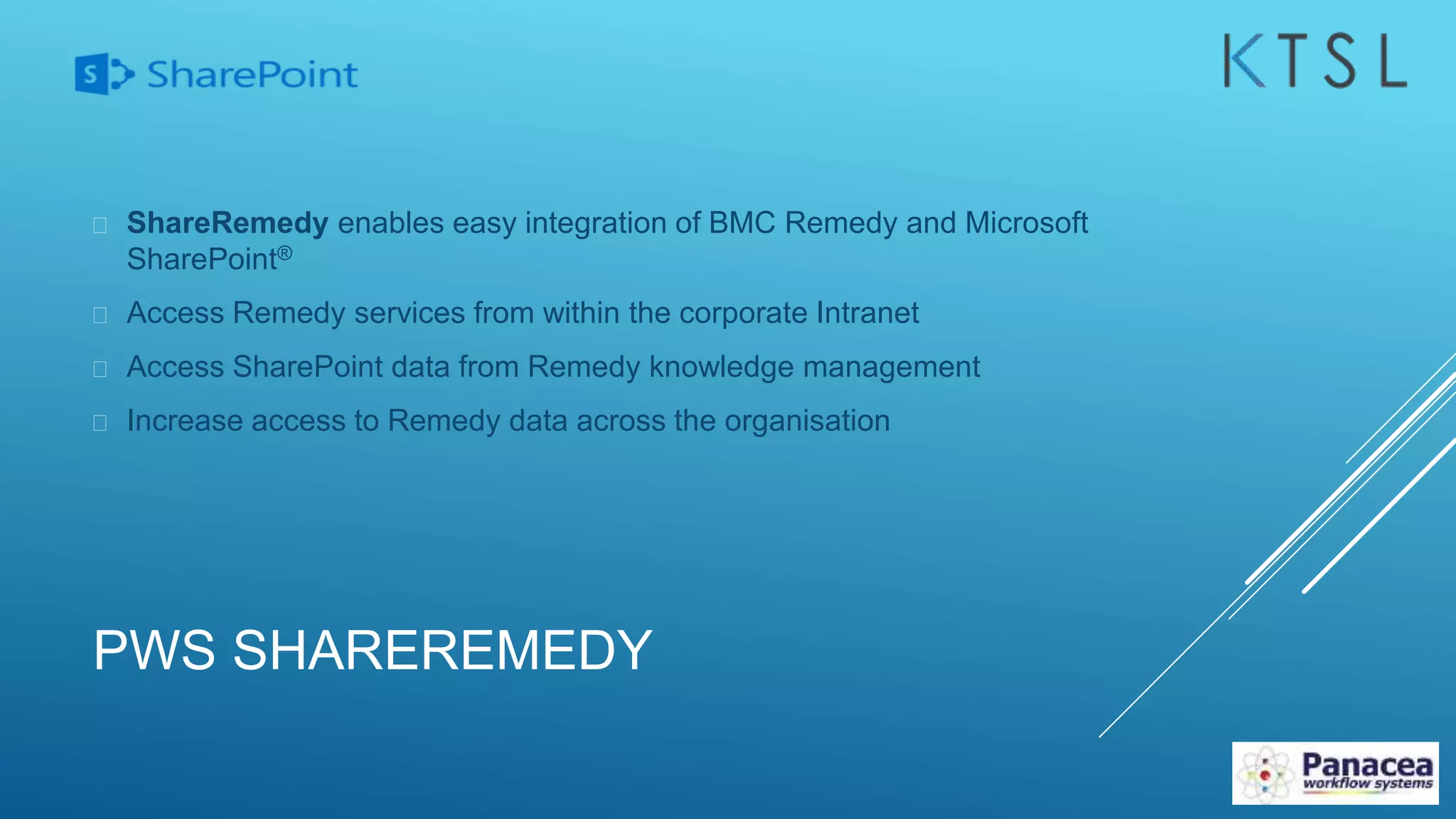 PWS SHAREREMEDY
 ShareRemedy enables easy integration of BMC Remedy and Microsoft
SharePoint®
 Access Remedy services from within the corporate Intranet
 Access SharePoint data from Remedy knowledge management
 Increase access to Remedy data across the organisation
 