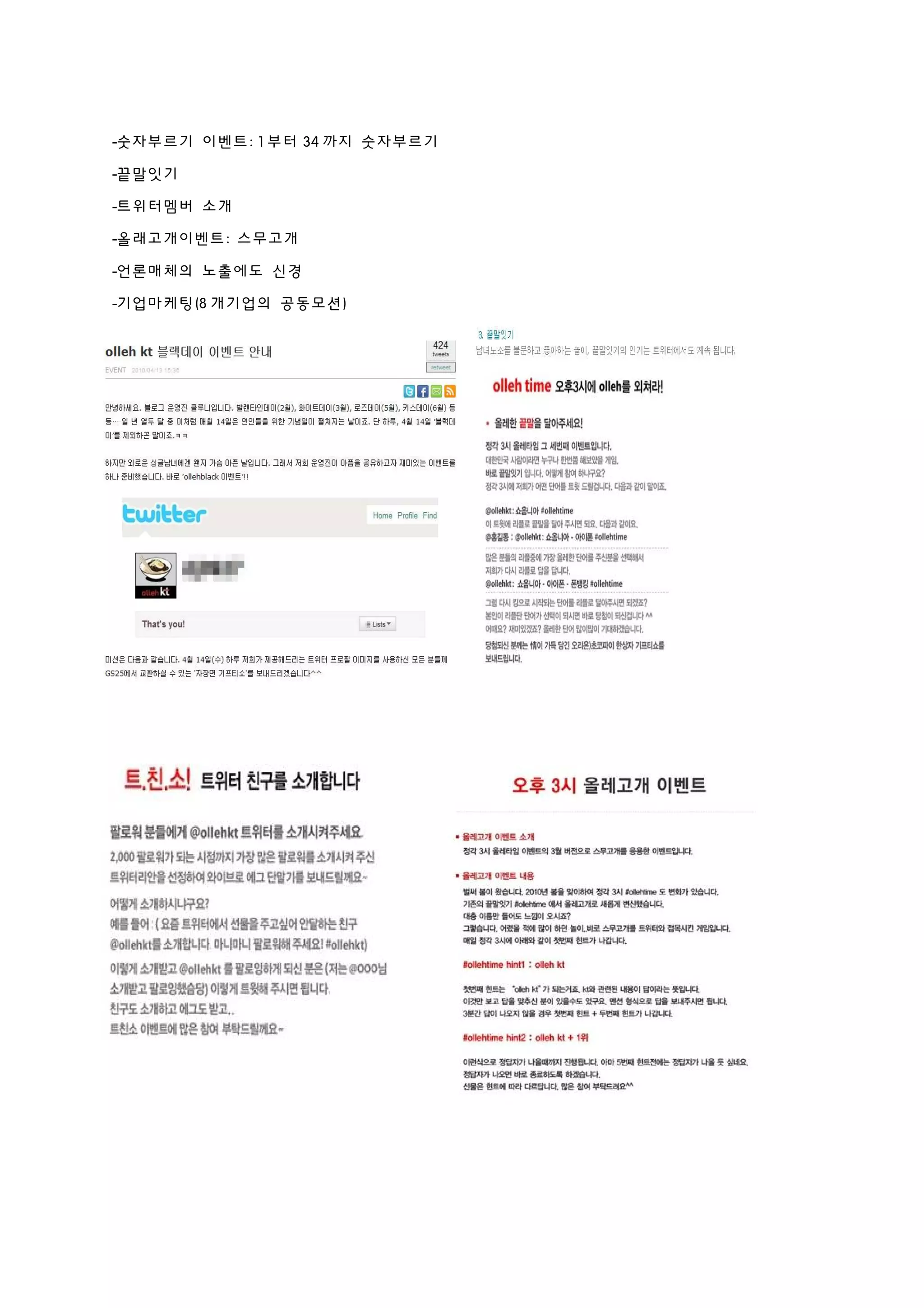 -숫자부르기 이벤트: 1 부터 34 까지 숫자부르기
-끝말잇기
-트위터멤버 소개
-올래고개이벤트: 스무고개
-언론매체의 노출에도 신경
-기업마케팅(8 개기업의 공동모션)
 