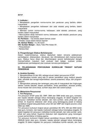 BSNP

V. Indikator :
• Menjelaskan pengertian norma-norma dan peraturan yang berlaku dalam
masyarakat
• Menjelaskan pengertian kebiasaan dan adat istiadat yang berlaku dalam
masyarakat
• Memberi contoh norma-norma, kebiasaan, adat istiadat, peraturan, yang
berlaku dalam masyarakat
• Menunjukkan sikap mematuhi norma, kebiasaan, adat istiadat, peraturan yang
berlaku dalam masyarakat
VI. Penilaian: - Tes tertulis dalam bentuk uraian
- Perilaku siswa dalam bentuk laporan
VII. Alokasi Waktu : 4 x 40 menit
VIII. Sumber Belajar: - Buku Teks PKn Kelas VII
- Perpustakaan
- Narasumber

G. Pengembangan Silabus Berkelanjutan
Dalam implementasinya, silabus dijabarkan dalam rencana pelaksanaan
pembelajaran, dilaksanakan, dievaluasi, dan ditindaklanjuti oleh masing-masing
guru. Silabus harus dikaji dan dikembangkan secara berkelanjutan dengan
memperhatikan masukan hasil evaluasi hasil belajar, evaluasi proses
(pelaksanaan pembelajaran),dan evaluasi rencana pembelajaran.

IV. PELAKSANAAN         PENYUSUNAN       KURIKULUM       TINGKAT    SATUAN
PENDIDIKAN

A. Analisis Konteks
1. Mengidentifikasi SI dan SKL sebagai acuan dalam penyusunan KTSP.
2. Menganalisis kondisi yang ada di satuan pendidikan yang meliputi peserta
didik, pendidik dan tenaga kependidikan, sarana prasarana, biaya, dan program-
program.
3. Menganalisis peluang dan tantangan yang ada di masyarakat dan lingkungan
sekitar: komite sekolah, dewan pendidikan, dinas pendidikan, asosiasi profesi,
dunia industri dan dunia kerja, sumber daya alam dan sosial budaya.

B. Mekanisme Penyusunan
1. Tim Penyusun
Tim penyusun KTSP pada SD, SMP, SMA dan SMK terdiri atas guru, konselor,
dan kepala sekolah sebagai ketua merangkap anggota. Di dalam kegiatan tim
penyusun melibatkan komite sekolah, dan nara sumber, serta pihak lain yang
terkait. Di Supervisi dilakukan oleh dinas yang bertanggung jawab di bidang
pendidikan tingkat kabupaten/kota untuk SD dan SMP dan tingkat provinsi untuk
SMA dan SMK.
Tim penyusun kurikulum tingkat satuan pendidikan MI, MTs, MA dan MAK terdiri
atas guru, konselor, dan kepala madrasah sebagai ketua merangkap anggota. Di
dalam kegiatan tim penyusun melibatkan komite sekolah, dan nara sumber, serta
pihak lain yang terkait. Supervisi dilakukan oleh departemen yang menangani
urusan pemerintahan di bidang agama.
Tim penyusun kurikulum tingkat satuan pendidikan khusus (SDLB,SMPLB, dan
SMALB) terdiri atas guru, konselor, kepala sekolah sebagai ketua merangkap
anggota. Di dalam kegiatan tim penyusun melibatkan komite sekolah, dan nara
 