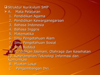  Struktur Kurikulum SMP
 A. Mata Pelajaran
   1. Pendidikan Agama
   2. Pendidikan Kewarganegaraan
   3. Bahasa Indonesia
   4. Bahasa Inggris
   5. Matematika
   6. Ilmu Pengetahuan Alam
   7. Ilmu Pengetahuan Sosial
   8. Seni Budaya
   9. Pendidikan Jasmani, Olahraga dan Kesehatan
  10. Keterampilan/Teknologi Informasi dan
  Komunikasi
   B. Muatan Lokal
   C. Pengembangan Diri
 
