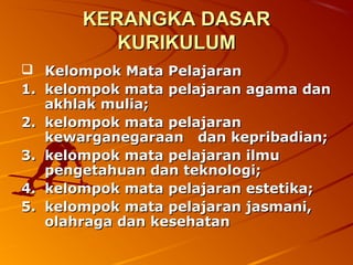 KERANGKA DASAR
          KURIKULUM
 Kelompok Mata Pelajaran
1. kelompok mata pelajaran agama dan
   akhlak mulia;
2. kelompok mata pelajaran
   kewarganegaraan dan kepribadian;
3. kelompok mata pelajaran ilmu
   pengetahuan dan teknologi;
4. kelompok mata pelajaran estetika;
5. kelompok mata pelajaran jasmani,
   olahraga dan kesehatan
 