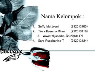 Nama Kelompok :
1. Soffy Matdyani (292013105)
2. Tiara Kusuma Rhani (292013110)
3. Wiwid Wijanarko (292013117)
4. Sara Puspitaning T (292013124)
 