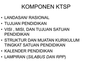 KOMPONEN KTSP
• LANDASAN/ RASIONAL
• TUJUAN PENDIDIKAN
• VISI , MISI, DAN TUJUAN SATUAN
PENDIDIKAN
• STRUKTUR DAN MUATAN KURIKULUM
TINGKAT SATUAN PENDIDIKAN
• KALENDER PENDIDIKAN
• LAMPIRAN (SILABUS DAN RPP)
 