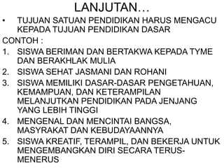 LANJUTAN…
• TUJUAN SATUAN PENDIDIKAN HARUS MENGACU
KEPADA TUJUAN PENDIDIKAN DASAR
CONTOH :
1. SISWA BERIMAN DAN BERTAKWA KEPADA TYME
DAN BERAKHLAK MULIA
2. SISWA SEHAT JASMANI DAN ROHANI
3. SISWA MEMILIKI DASAR-DASAR PENGETAHUAN,
KEMAMPUAN, DAN KETERAMPILAN
MELANJUTKAN PENDIDIKAN PADA JENJANG
YANG LEBIH TINGGI
4. MENGENAL DAN MENCINTAI BANGSA,
MASYRAKAT DAN KEBUDAYAANNYA
5. SISWA KREATIF, TERAMPIL, DAN BEKERJA UNTUK
MENGEMBANGKAN DIRI SECARA TERUS-
MENERUS
 