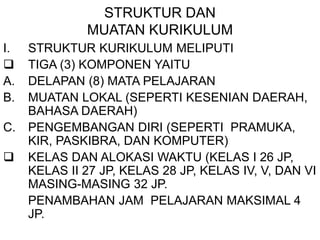 STRUKTUR DAN
MUATAN KURIKULUM
I. STRUKTUR KURIKULUM MELIPUTI
 TIGA (3) KOMPONEN YAITU
A. DELAPAN (8) MATA PELAJARAN
B. MUATAN LOKAL (SEPERTI KESENIAN DAERAH,
BAHASA DAERAH)
C. PENGEMBANGAN DIRI (SEPERTI PRAMUKA,
KIR, PASKIBRA, DAN KOMPUTER)
 KELAS DAN ALOKASI WAKTU (KELAS I 26 JP,
KELAS II 27 JP, KELAS 28 JP, KELAS IV, V, DAN VI
MASING-MASING 32 JP.
PENAMBAHAN JAM PELAJARAN MAKSIMAL 4
JP.
 