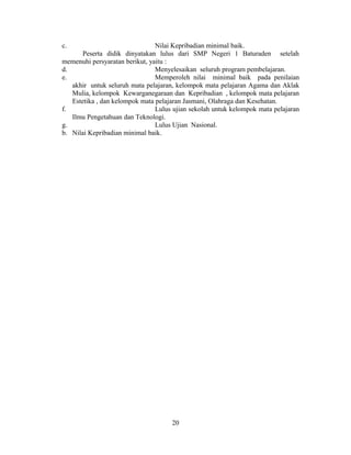 c.                              Nilai Kepribadian minimal baik.
       Peserta didik dinyatakan lulus dari SMP Negeri 1 Baturaden setelah
memenuhi persyaratan berikut, yaitu :
d.                              Menyelesaikan seluruh program pembelajaran.
e.                              Memperoleh nilai minimal baik pada penilaian
   akhir untuk seluruh mata pelajaran, kelompok mata pelajaran Agama dan Aklak
   Mulia, kelompok Kewarganegaraan dan Kepribadian , kelompok mata pelajaran
   Estetika , dan kelompok mata pelajaran Jasmani, Olahraga dan Kesehatan.
f.                              Lulus ujian sekolah untuk kelompok mata pelajaran
   Ilmu Pengetahuan dan Teknologi.
g.                              Lulus Ujian Nasional.
b. Nilai Kepribadian minimal baik.




                                     20
 