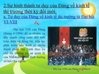 2.Sự hình thành tư duy của Đảng về kinh tế
thị trường thời kỳ đổi mới:
a. Tư duy của Đảng về kinh tế thị trường từ Đại hội
VI-VIII
Đại hội VIII của Đảng
(tháng 6/1996) đề ra nhiệm vụ
đẩy mạnh công cuộc đổi mới
toàn diện và đồng bộ, tiếp tục
phát triển nền kinh tế nhiều
thành phần vận hành theo cơ
chế thị trường có sự quản lý
của Nhà nước theo định hướng
xã hội chủ nghĩa.
Đại hội VIII của Đảng (6/1996)

 