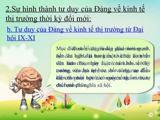 2.Sự hình thành tư duy của Đảng về kinh tế
thị trường thời kỳ đổi mới:
b. Tư duy của Đảng về kinh tế thị trường từ Đại
hội IX-XI
Mục đích cuối cùngtrường giàu nước mạnh,
Kinh tế thị trường định hướng xã
Kinh tế thị là dân định hướng xã
tiến chủ nghĩa là hai kiểu tổ chức do nhân
hội chủ hiện đại trongkiểu tổ chức kinh tế
hội lên nghĩa là hai một xã hội kinh tế
dân tuân theo quy luật của kinh tế thị
vừa làm chủ, nhân ái, cócủa kinh tế thị
vừa tuân theo quy luật văn hóa, có kỷ
cương, vừa dựa trên cơ sở và chịu sự điều
trường vừa dựa áp bức, sở và chịu tạo dẫn
trường xóa bỏ trên cơ bất công, sự dẫn
kiện chi phối bởi các cuộc sống và bản
dắt chi phối người có nguyên tắcấm no, tự
dắt cho mọi bởi các nguyên tắc và bản
do, của phúc.
chấthạnh chủ nghĩa xã hội.
chất của chủ nghĩa xã hội.

 