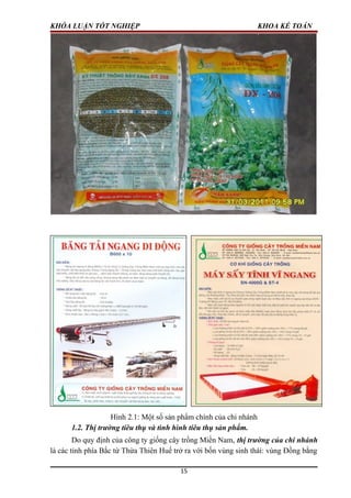 KHÓA LUẬN TỐT NGHIỆP KHOA KẾ TOÁN
Hình 2.1: Một số sản phẩm chính của chi nhánh
1.2. Thị trường tiêu thụ và tình hình tiêu thụ sản phẩm.
Do quy định của công ty giống cây trồng Miền Nam, thị trường của chi nhánh
là các tỉnh phía Bắc từ Thừa Thiên Huế trở ra với bốn vùng sinh thái: vùng Đồng bằng
15
 