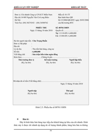 KHÓA LUẬN TỐT NGHIỆP KHOA KẾ TOÁN
Đơn vị: Chi nhánh Công ty CP.GCT Miền Nam
Địa chỉ:14/489 Nguyễn Văn Cừ-Long Biên-
Hà Nội
Tele-Fax: (04) 38274343 – (04) 36500762
Mẫu số: 01-TT
Ban hành theo QĐ
Số:15/2006/QĐ-BTC ngày 20/03/2006
của Bộ trưởng BTC
PHIẾU THU
Ngày 13 tháng 10 năm 2010
Số: 00701/10HN
Quyển số:…………………..
Nợ: 11110-HN: 6,400,000
Có: 13100-HN: 6,400,000
Họ tên người nộp tiền : Chu Trọng Huấn
Đơn vị/ Bộ phận :
Địa chỉ :
Lý do thu : Thu tiền bán hàng, công nợ
Số tiền : 6,400,000
Viết bằng chữ : Sáu triệu bốn trăm ngàn đồng
Kèm theo………………………….Chứng từ gốc…………………………………
Thủ trưởng đơn vị
(Ký, họ tên)
Kế toán trưởng
(Ký, họ tên)
Người lập biểu
(Ký, họ tên)
Đã nhận đủ số tiền (Viết bằng chữ):………………………………………..…………..
Ngày 13 tháng 10 năm 2010
Người nộp
(Ký họ tên)
Thủ quỹ
(Ký, họ tên)
Hình 2.5: Phiếu thu số 00701/10HN
 Bán lẻ:
Đây là hình thức bán hàng trực tiếp cho khách hàng tại kho của chi nhánh. Hình
thức này ít được chi nhánh áp dụng do số lượng thành phẩm, hàng hóa bán ra không
21
 