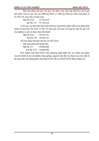 KHÓA LUẬN TỐT NGHIỆP KHOA KẾ TOÁN
- Bút toán phản ánh giá vốn (giá vốn được máy tính cập nhật lúc này là giá
tạm tính). Giả sử, giá vốn của 3000 kg MX2 và 1000 kg MX4 kỳ trước tính được là
53.750.218, máy tính sẽ hạch toán:
Nợ TK 6322 : 53.750.218
Có TK 155 : 53.750.218
Cuối quý, sau khi thực hiện lệnh tính giá trung bình, phần mềm sẽ tự động điều
chỉnh số liệu trên TK 6322 và TK 155 theo giá vốn thực tế trong kỳ. Khi đó giá vốn
của nghiệp vụ này sẽ được thay đổi thành:
Nợ TK 6322 : 54.918.141
Có TK 155 : 54.918.141
(Số liệu được thể hiện trên Sổ cái TK 6322)
- Bút toán phản ánh doanh thu:
Nợ TK 131 : 99.000.000
Có TK 5112 : 99.000.000
(Chi nhánh tính thuế GTGT theo phương pháp khấu trừ, tuy nhiên sản phẩm
của chi nhánh là các sản phẩm nông nghiệp, nguyên liệu đầu vào được mua trực tiếp từ
hộ nông dân nên không phải chịu thuế GTGT đầu ra (Thuế GTGT đầu ra bằng 0))
28
 