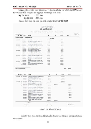 KHÓA LUẬN TỐT NGHIỆP KHOA KẾ TOÁN
Ví dụ: Căn cứ vào Giấy đi đường, vé tàu xe, Phiếu chi số 01428/09HN ngày
12/10/2009 (tiền công tác phí bộ phận bán hàng), hạch toán:
Nợ TK 6418 : 220.500
Có TK 111 : 220.500
Sau đó thực hiện bút toán cập nhật sổ cái, lên Sổ cái TK 6418
Hình 2.24: Sổ cái TK 6418
- Cuối kỳ thực hiện bút toán kết chuyển chi phí bán hàng để xác định kết quả
kinh doanh:
48
 