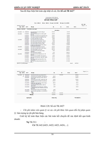 KHÓA LUẬN TỐT NGHIỆP KHOA KẾ TOÁN
Sau đó thực hiện bút toán cập nhật sổ cái, lên Sổ cái TK 6427
Hình 2.28: Sổ cái TK 6427
- Chi phí nhân viên quản lý và các chi phí khác liên quan đến bộ phận quản
lý: làm tương tự chi phí bán hàng.
Cuối kỳ kế toán thực hiện các bút toán kết chuyển để xác định kết quả kinh
doanh:
Nợ TK 911 :
Có TK 642 (6421, 6422, 6423, 6424,…):
53
 