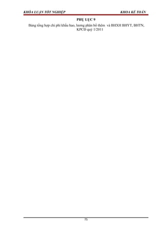KHÓA LUẬN TỐT NGHIỆP KHOA KẾ TOÁN
PHỤ LỤC 9
Bảng tổng hợp chi phí khấu hao, lương phân bổ thêm và BHXH BHYT, BHTN,
KPCĐ quý 1/2011
75
 