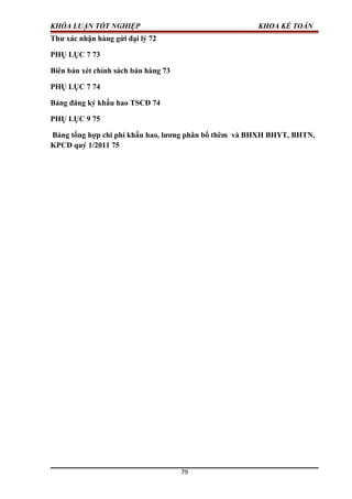 KHÓA LUẬN TỐT NGHIỆP KHOA KẾ TOÁN
Thư xác nhận hàng gửi đại lý 72
PHỤ LỤC 7 73
Biên bản xét chính sách bán hàng 73
PHỤ LỤC 7 74
Bảng đăng ký khấu hao TSCĐ 74
PHỤ LỤC 9 75
Bảng tổng hợp chi phí khấu hao, lương phân bổ thêm và BHXH BHYT, BHTN,
KPCĐ quý 1/2011 75
79
 