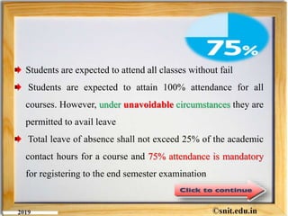 Students are expected to attend all classes without fail
Students are expected to attain 100% attendance for all
courses. However, under unavoidable circumstances they are
permitted to avail leave
Total leave of absence shall not exceed 25% of the academic
contact hours for a course and 75% attendance is mandatory
for registering to the end semester examination
 