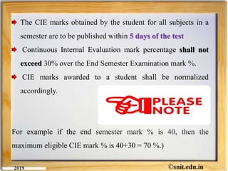 The CIE marks obtained by the student for all subjects in a
semester are to be published within 5 days of the test
Continuous Internal Evaluation mark percentage shall not
exceed 30% over the End Semester Examination mark %.
CIE marks awarded to a student shall be normalized
accordingly.
For example if the end semester mark % is 40, then the
maximum eligible CIE mark % is 40+30 = 70 %.)
 