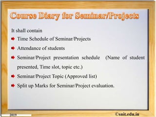 It shall contain
Time Schedule of Seminar/Projects
Attendance of students
Seminar/Project presentation schedule (Name of student
presented, Time slot, topic etc.)
Seminar/Project Topic (Approved list)
Split up Marks for Seminar/Project evaluation.
 