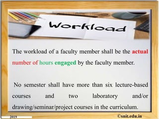 The workload of a faculty member shall be the actual
number of hours engaged by the faculty member.
No semester shall have more than six lecture-based
courses and two laboratory and/or
drawing/seminar/project courses in the curriculum.
 
