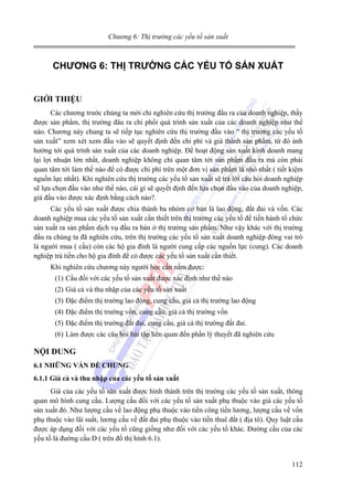 Chương 6: Thị trường các yếu tố sản xuất

CHƯƠNG 6: THỊ TRƯỜNG CÁC YẾU TỐ SẢN XUẤT
GIỚI THIỆU
Các chương trước chúng ta mới chỉ nghiên cứu thị trường đầu ra của doanh nghiệp, thấy
được sản phẩm, thị trường đâu ra chi phối quá trình sản xuất của các doanh nghiệp như thế
nào. Chương này chung ta sẽ tiếp tục nghiên cứu thị trường đầu vào “ thị trường các yếu tố
sản xuất” xem xét xem đầu vào sẽ quyết định đến chi phí và giá thành sản phẩm, từ đó ảnh
hưởng tới quá trình sản xuất của các doanh nghiệp. Để hoạt động sản xuất kinh doanh mang
lại lợi nhuận lớn nhất, doanh nghiệp không chỉ quan tâm tới sản phẩm đầu ra mà còn phải
quan tâm tới làm thế nào để có được chi phí trên một đơn vị sản phẩm là nhỏ nhất ( tiết kiệm
nguồn lực nhất). Khi nghiên cứu thị trường các yếu tố sản xuất sẽ trả lời câu hỏi doanh nghiệp
sẽ lựa chọn đầu vào như thế nào, cái gì sẽ quyết định đến lựa chọn đầu vào của doanh nghiệp,
giá đầu vào được xác định bằng cách nào?.
Các yếu tố sản xuất được chia thành ba nhóm cơ bản là lao động, đất đai và vốn. Các
doanh nghiệp mua các yếu tố sản xuất cần thiết trên thị trường các yếu tố để tiến hành tổ chức
sản xuất ra sản phẩm dịch vụ đầu ra bán ở thị trường sản phẩm. Như vậy khác với thị trường
đầu ra chúng ta đã nghiên cứu, trên thị trường các yếu tố sản xuất doanh nghiệp đóng vai trò
là người mua ( cầu) còn các hộ gia đình là người cung cấp các nguồn lực (cung). Các doanh
nghiệp trả tiền cho hộ gia đình để có được các yếu tố sản xuất cần thiết.
Khi nghiên cứu chương này người học cần nắm được:
(1) Cầu đối với các yếu tố sản xuất được xác định như thế nào
(2) Giá cả và thu nhập của các yếu tố sản xuất
(3) Đặc điểm thị trường lao động, cung cầu, giá cả thị trường lao động
(4) Đặc điểm thị trường vốn, cung cầu, giá cả thị trường vốn
(5) Đặc điểm thị trường đất đai, cung cầu, giá cả thị trường đất đai.
(6) Làm được các câu hỏi bài tập liên quan đến phần lý thuyết đã nghiên cứu

NỘI DUNG
6.1 NHỮNG VẤN ĐỀ CHUNG
6.1.1 Giá cả và thu nhập của các yếu tố sản xuất

Giá của các yếu tố sản xuất được hình thành trên thị trường các yếu tố sản xuất, thông
quan mô hình cung cầu. Lượng cầu đối với các yếu tố sản xuất phụ thuộc vào giá các yếu tố
sản xuất đó. Như lượng cầu về lao động phụ thuộc vào tiền công tiền lương, lượng cầu về vốn
phụ thuộc vào lãi suất, lương cầu về đất đai phụ thuộc vào tiền thuê đất ( địa tô). Quy luật cầu
được áp dụng đối với các yếu tố cũng giống như đối với các yếu tố khác. Đường cầu của các
yếu tố là đường cầu D ( trên đồ thị hình 6.1).

112

 