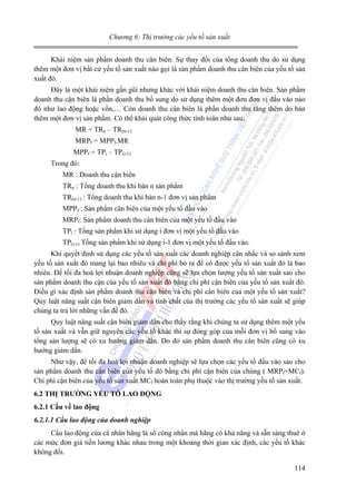 Chương 6: Thị trường các yếu tố sản xuất

Khái niệm sản phẩm doanh thu cân biên: Sự thay đổi của tổng doanh thu do sử dụng
thêm một đơn vị bất cứ yếu tố sản xuất nào gọi là sản phẩm doanh thu cân biên của yếu tố sản
xuất đó.
Đây là một khái niệm gần gũi nhưng khác với khái niệm doanh thu cân biên. Sản phẩm
doanh thu cận biên là phần doanh thu bổ sung do sử dụng thêm một đơn đơn vị đầu vào nào
đó như lao động hoặc vốn,… Còn doanh thu cân biên là phần doanh thu tăng thêm do bán
thêm một đơn vị sản phẩm. Có thể khái quát công thức tính toán như sau:
MR = TRn – TR(n-1)
MRPf = MPPf.MR
MPPf = TPi – TP(i-1)
Trong đó:
MR : Doanh thu cận biên
TRn : Tổng doanh thu khi bán n sản phẩm
TR(n-1) : Tổng doanh thu khi bán n-1 đơn vị sản phẩm
MPPf : Sản phẩm cân biên của một yếu tố đầu vào
MRPf: Sản phẩm doanh thu cân biên của một yếu tố đầu vào
TPi : Tổng sản phẩm khi sử dụng i đơn vị một yếu tố đầu vào
TP(i-1) Tổng sản phẩm khi sử dụng i-1 đơn vị một yếu tố đầu vào.
Khi quyết định sử dụng các yếu tố sản xuất các doanh nghiệp cân nhắc và so sánh xem
yếu tố sản xuất đó mang lại bao nhiêu và chi phí bỏ ra để có được yếu tố sản xuất đó là bao
nhiêu. Để tối đa hoá lợi nhuận doanh nghiệp cũng sẽ lựa chọn lượng yếu tố sản xuất sao cho
sản phẩm doanh thu cận của yếu tố sản xuất đó bằng chi phí cận biên của yếu tố sản xuất đó.
Điều gì xác định sản phẩm doanh thu cân biên và chi phí cân biên của một yếu tố sản xuất?
Quy luật năng suất cận biên giảm dần và tính chất của thị trường các yếu tố sản xuất sẽ giúp
chúng ta trả lời những vấn đề đó.
Quy luật năng suất cận biên giảm dần cho thấy rằng khi chúng ta sử dụng thêm một yếu
tố sản xuất và vẫn giữ nguyên các yếu tố khác thì sự đóng góp của mỗi đơn vị bổ sung vào
tổng sản lượng sẽ có xu hướng giảm dần. Do đó sản phẩm doanh thu cân biên cũng có xu
hướng giảm dần.
Như vậy, để tối đa hoá lợi nhuận doanh nghiệp sẽ lựa chọn các yếu tố đầu vào sao cho
sản phẩm doanh thu cân biên của yếu tố đó bằng chi phí cận biên của chúng ( MRPf=MCf).
Chi phí cận biên của yếu tố sản xuất MCf hoàn toàn phụ thuộc vào thị trường yếu tố sản xuất.
6.2 THỊ TRƯỜNG YẾU TỐ LAO ĐỘNG
6.2.1 Cầu về lao động
6.2.1.1 Cầu lao động của doanh nghiệp

Cầu lao động của cá nhân hãng là số công nhân mà hãng có khả năng và sẵn sàng thuê ở
các mức đơn giá tiền lương khác nhau trong một khoảng thời gian xác định, các yếu tố khác
không đổi.
114

 