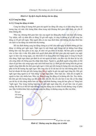 Chương 6: Thị trường các yếu tố sản xuất
Hình 6.4 Sự dịch chuyển đường cầu lao động
6.2.2 Cung lao động
6.2.2.1 Cung lao động cá nhân

Cung lao động là lượng thời gian mà người lao động sẵn sàng và có khả năng làm việc
tương ứng với mức tiền lương khác nhau trong một khoảng thời gian nhất định, các yếu tố
khác không đổi.
Như vậy, khoảng thời gian làm việc của nguời lao động phụ thuộc vào mức tiền lương.
Tuy nhiên, mỗi cá nhân đều có đúng 24 giờ mỗi ngày, rõ ràng là không ai có thể cung lao
động cả 24 giờ mỗi ngày. Mọi người đều có các mục đích khác chứ không chỉ mục đích bán
các dịch vu lao động của mình trên thị trường.
Để xác định đường cung lao động chúng ta có thể chia một ngày ra thành những giờ lao
động và những giờ nghỉ ngơi. Nghỉ ngơi là một thuật ngữ chung mô tả những hoạt động
không làm việc bao gồm cả ăn, ngủ, đi chơi với gia đình và bè bạn. Nó bao gồm cả nghiên
cứu và làm việc ở nhà. Khi phân tích quyết định phân bổ thời gian của một người vào nghỉ
ngơi và làm việc trong ngày, các nhà kinh tế sử dụng phân tích bàng quan ở trong lý thuyết
tiêu dùng. Nghỉ ngơi được giả định là cái mà người ta thích, còn làm việc thì đem lại lợi ích
cho công nhân chỉ thông qua thu nhập nhận được. Ngoài ra, giả định người công nhân có thể
chọn số giờ làm việc trong ngày một cách linh hoạt (tuỳ ý). Đơn giá tiền lương biểu thị giá mà
người công nhân đặt cho thời gian nghỉ ngơi vì đơn giá tiền lương là lượng tiền mà công nhân
phải từ bỏ để hưởng thụ nghỉ ngơi. Khi mục tiêu là tối đa hoá ích lợi chứ không phải tối đa
hoá lợi nhuận thì đơn giá tiền lương tăng lên có nghĩa là giá của nghỉ ngơi tăng lên. Khi giá
nghỉ ngơi tăng người ta sẽ “tiêu dùng” ít nghỉ ngơi hơn - theo luật cầu - điều đó có nghĩa là
người ta làm việc nhiều hơn. Như vậy đường cung lao động sẽ là đường dốc lên. Tuy nhiên,
khi đơn giá tiền lương tăng cao đến một mức nào đó. Họ chỉ cần làm ít mà vẫn có thu nhập
cao thì họ sẽ tiêu dùng nhiều hơn các hàng hoá bình thường, trong đó bao gồm cả “hàng hoá
“nghỉ ngơi. Vậy trong trường hợp này số giờ nghỉ ngơi tăng lên, số giờ làm việc sẽ giảm
xuống. Do đó ta có thể kết luận đường cung lao động của cá nhân là một đường vòng về phía
sau. Đây là điểm khác biệt của đường cung lao động và đường cung các đầu vào khác.
Đơn giá
tiền lương
(đồng/giờ)

SL

Số giờ làm việc/ ngày

Hình 6.5 Đường cung lao động của cá nhân

120

 